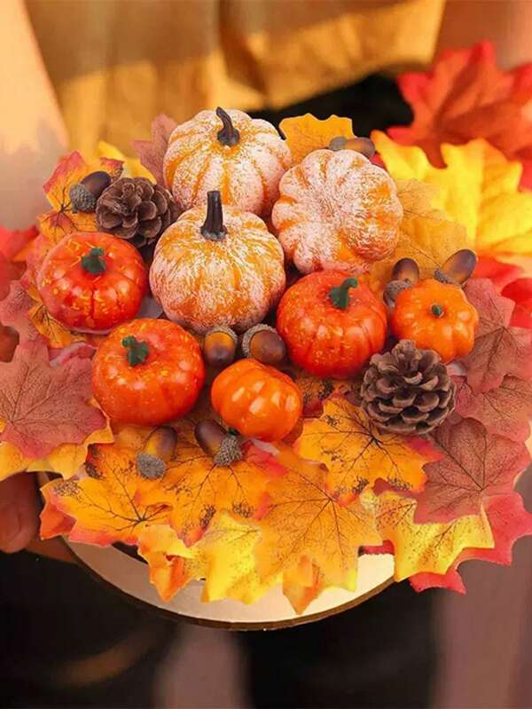 50pcs Halloween Artificial Pumpkins, Maple Leaves And Pine Cones, Suitable For Halloween And Thanksgiving Home Decor, Christmas Decoration, Halloween Party Supplies, Halloween Theme Decoration, Halloween Scene Setting Decor, Holiday Decoration, Event Party Decor