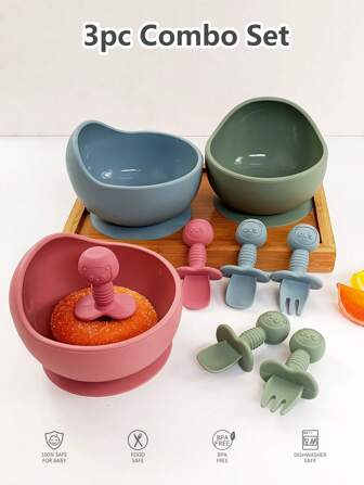 3 pièces Set de bols à nourriture pour bébé avec fond antidérapant avec ventouse, design d'escargot, cuillère et fourchette à manche court, ustensiles d'alimentation pour l'entraînement