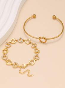 Sexy Charming Fashion Hollow Heart Shaped Cubic Zirconia Inlayed Stainless Steel Bracelet And Bangle Set For Women, Suitable For Dates, Gala Dinners, Parties, And Gifting
