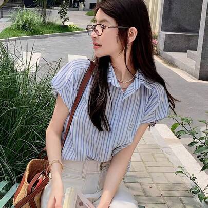 여성 줄무늬 셔츠, 여름용 캐주얼 컬리지 스타일 블라우스