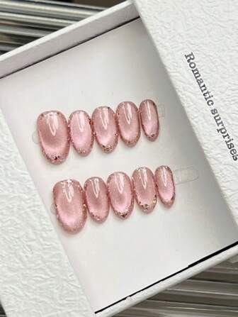 Juego de 10 uñas postizas ovaladas de cobertura completa, estilo simple y elegante, en color rosa con destellos, sin gemas ni adornos, para un look minimalista. Diseño de uñas de verano, ideal como regalo para mujeres y niñas