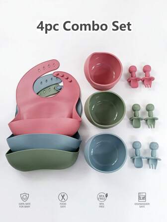 4 pièces/set Ensemble d'alimentation complet en silicone pour bébés et tout-petits, comprenant bavoir, bol, fourchette et cuillère à manche court, antidérapant, léger et portable, adapté pour l'alimentation des bébés