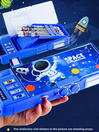 1pc Multifunctional Children Cartoon Stationery Box With Password Lock, High-Tech Smart Pencil Case, Automatic Double Layer Pen Bag, Surprising Gift For Girls