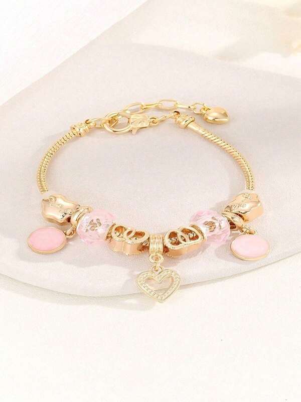1pc Charming Pink Heart Shape Pendant Chain Copper Bangle, With Shimmering Resin Beads - Handmade Elegant Jewelry For Women - Delicate, Hollow-Out Design, Adjustable Chain Length, Perfect Gift For Her