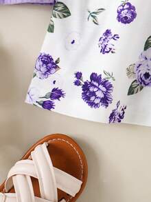 3pcs/Set Young Girls Fashionable Floral Print Solid Color Button Decor Slip Dress - Green - View 7