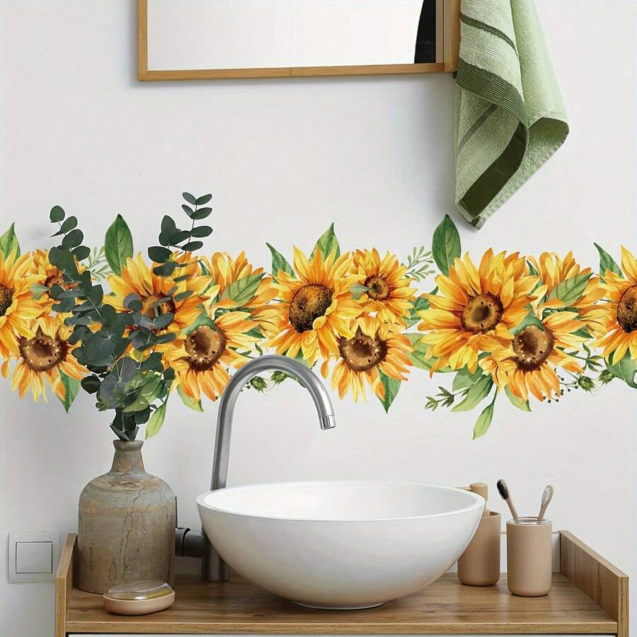 2 件向日葵条纹浴室装饰墙贴，PVC 防水易撕粘贴浴室配件用于装饰客厅背景墙房间化妆间洗脸台自粘墙贴