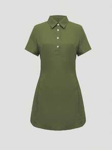 Nuevo Vestido Corto Elegante de Primavera/Verano con Solapa, Ajustado y de Solapa Única - Verde militar - Ver 4