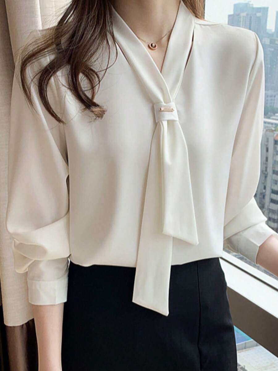 春秋蝴蝶结职业白色雪纺衬衫女上衣气质立领打底衫夏季 - 白色 - 查看 1