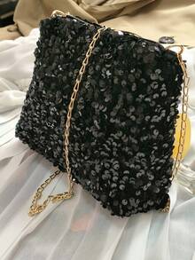 时尚亮片长方形斜挎包，适合女士，独特个性化拉链开合，小巧设计，链条单肩包，手拿包 - 黑色 - 查看 2