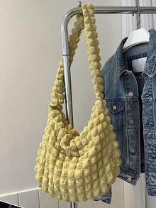 Bolso bandolera acolchado de hombro de moda estilo matelassé, unicolor, con relleno de plumas en forma de rombos, bolso tipo cartera en forma de empanadilla - Mostaza Amarilla - Ver 6