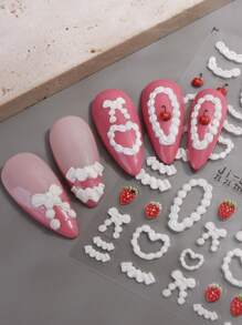 2pcs 5D Embossed Cake Cream Nails Art Stickers French Lace Skirt Edge Cute Cream Stripes Strawberry Cherry Bow Nail Decals Kawaii Heart Cream Nail Art Decoration Self-Adhesive Stickers DIY Nail Supplies