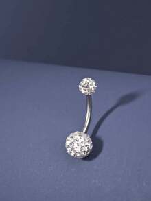 1pc Fashion Super Shiny Rhinestone Belly Button Ring, 316L Stainless Steel Hypoallergenic Piercing Navel Jewelry, Suitable For Women To Wear In Summer - Silver - View 1