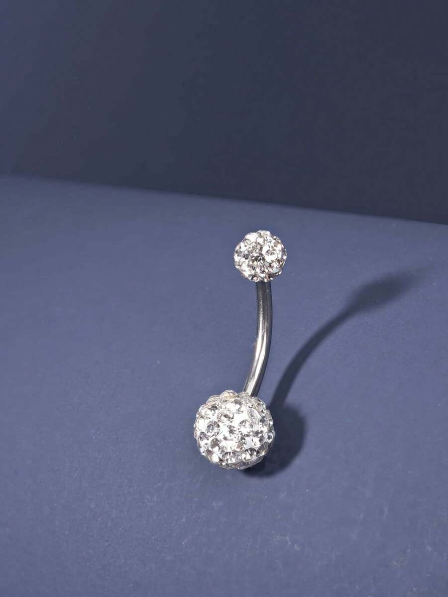 1pc Fashion Super Shiny Rhinestone Belly Button Ring, 316L Stainless Steel Hypoallergenic Piercing Navel Jewelry, Suitable For Women To Wear In Summer - Silver - View 1