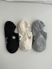 5双女款多色组合黑白灰卡通小熊刺绣春夏百搭款针织透气面料ins风少女风隐形船袜居家通勤派对运动上学节日礼物