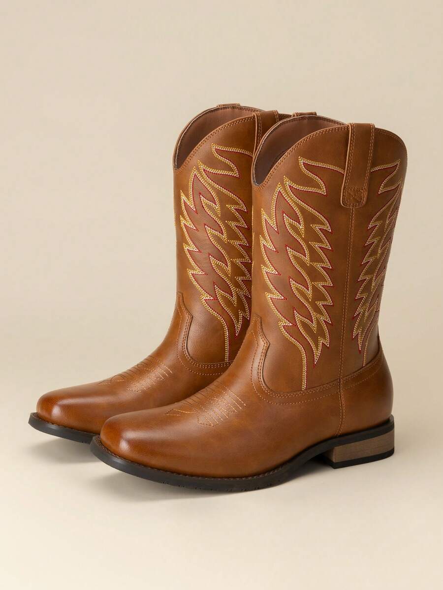 Men's Western Premium Leather Cowboy Boots Square Toe Pull On Embroidered Design All Seasons Comfort,Durable Leather Retro Short Boot Country Chic - Brown - View 1