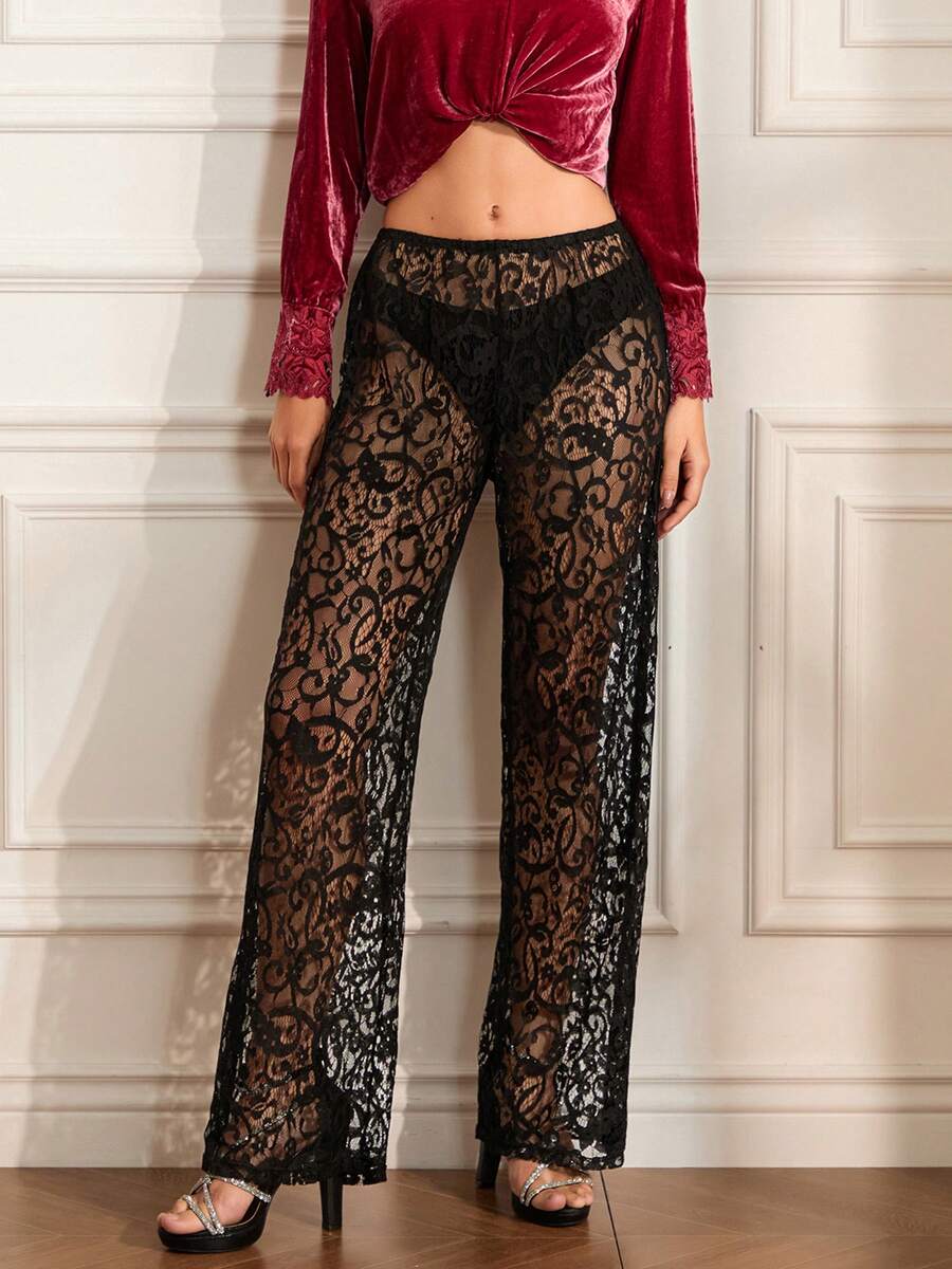 Women's Black Mesh Pants Sheer See Through Low Rise Wide Leg Lace Trousers For Bedroom Daily Life - Black - View 1