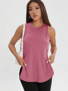 1 buc. Tricou sport pentru femei, casual, lejer, fără mâneci, cu fantă laterală, culoare uni, potrivit pentru primăvară/vară, exerciții fizice și activități în aer liber