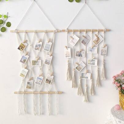 一套DIY编织照片墙材料，包含15个木质夹子，创意手工绳编照片墙装饰悬挂配件，波西米亚风流苏照片展示墙装饰，相框支架艺术悬挂架，适用于房间、卧室、宿舍
