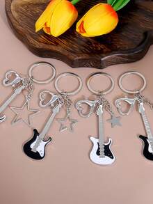 A Unisex Y2K Subculture Guitar And Five-Pointed Star Keychain A Retro Sweet And Cool Niche Bag And Car Pendant. It Serves As A Back-To-School Bag Pendant And A Couple's Keychain. Backpack Decor Keychain For Bag - Black and White - View 3