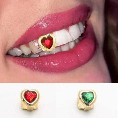 Neue rubinrote Herz-Grillz-Zähne, Hip-Hop personalisierter Goldzahnschmuck, vielseitige Fake-Zahn-Accessoires