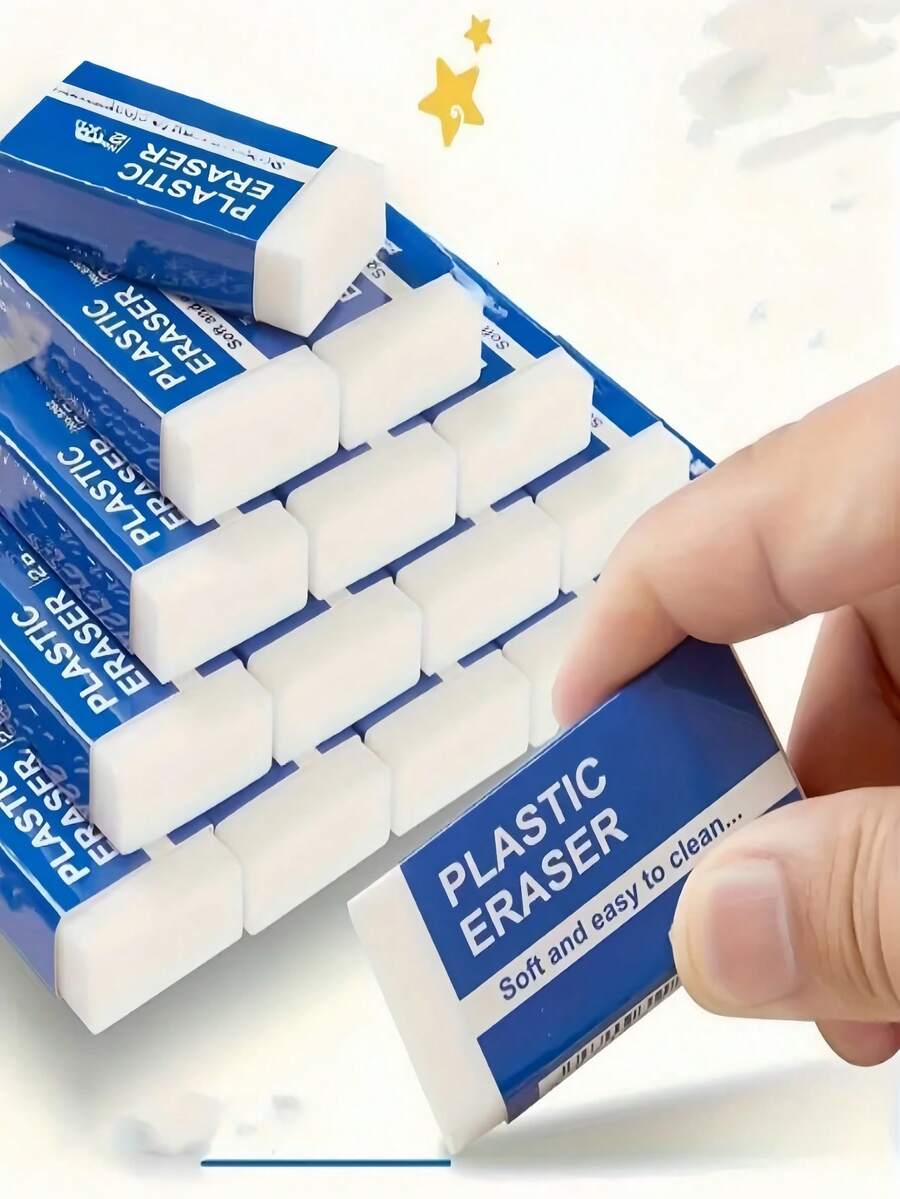 10pcs 2B Plastic Erasers - Durable & Easy To Clean, Suitable For Writing, Drawing And Office Use, Cute & Practical Design - Durable, Easy To Clean, Great For Writing, Drawing And Office/School Use, Cute And Practical Design With Blue Label, Art Erasers | Organized Stacking | Random Color Styles Visible,For School Supplies,Back To School