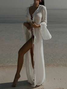 Yuwenier Women's Elegant Ruffled Deep V Neck Flare Sleeve Maxi Dress Tie Front Slit Design Lightweight Airy Fabric Beach Cover Up Vacation Outfit Spring Summer Music Festival Outfits For Womwen - White - View 3