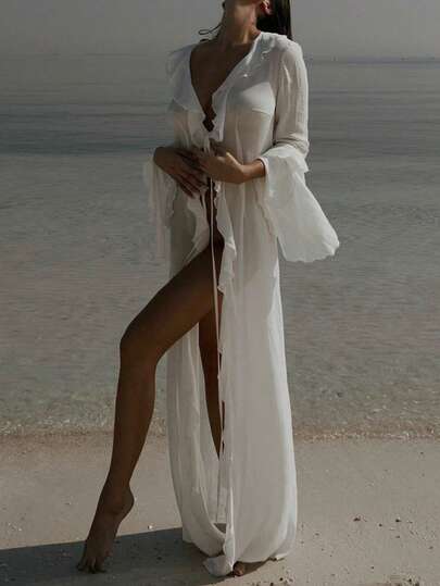 Yuwenier 女士优雅荷叶边深V领喇叭袖长款连衣裙，前系带开衩设计，轻盈透气面料，沙滩罩衫，度假装，春夏音乐节女装