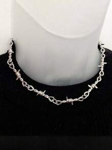 1pc Fashionable Silver Barbed Wire Gothic Punk Style Chain Choker Necklace, Unisex Design - Necklace - View 2
