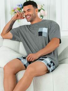 مجموعة بيجامة للرجال ذوي الحجم الكبير 2 قطعة ذات سروال قصير مربعات، وقميص بياقة مستديرة وأكمام قصيرة، بتصميم بسيط مناسب للربيع والصيف، متعدد الاستخدامات للراحة المنزلية والنوم