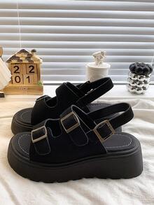 女士厚底凉鞋，露趾镂空坡跟凉鞋，休闲套脚拖鞋，适合夏季度假，可搭配连衣裙和沙滩装，厚底拖鞋 - 黑色 - 查看 1