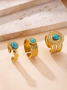 3pcs Vintage Boho Turquoise Ring Set, Fashion Personalized Rings For Women, Antique Bohemian Style Jewelry, Suitable For Daily And Party