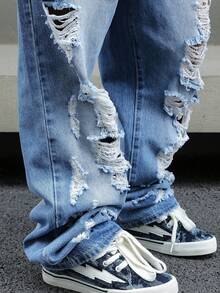 Mens Ripped Baggy Jeans Loose Fit Distressed Denim Pants Light Wash Y2K Streetwear Wide Leg Style - Medium Wash - View 9