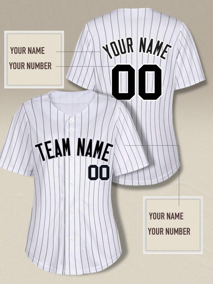 Personalisiertes Baseballtrikot für Damen – Personalisierter Teamname und Nummer, atmungsaktives, schnelltrocknendes Polyester, weiß gestreiftes V-Ausschnitt, perfektes Geschenk für Sportfans, Frühling/Sommer, Outdoor-Sportuniform, Baseballzubehör
