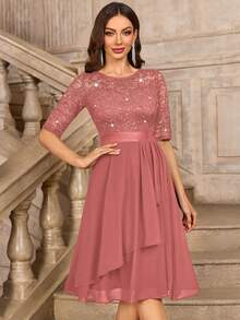 MIUSOL 亮片花卉蕾丝不对称荷叶边雪纺短袖派对摆裙 - 藕粉色 - 查看 4