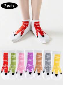 7 Pares/Pacote Meias Curtas Coloridas e Engraçadas de Desenho Garra de Galinha Femininas, Finas e Respiráveis para Uso Doméstico e Casual, Primavera/Verão