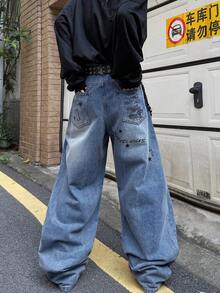 1pc Vintage Loose Design Graphic Print Wide Leg Pants, Unisex Streetwear - Blue - View 2