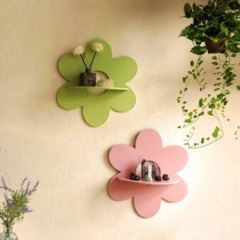 1/2 件波西米亚木质花形壁挂收纳架，淡色花卉浮动搁板 - 薄荷绿和粉色花朵墙面装饰，适用于客厅、卧室、办公室、家居壁挂收纳架