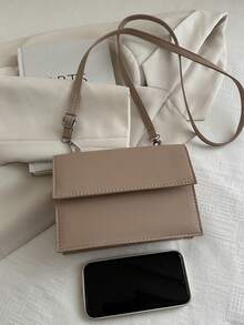 新款女士手提包，纯色 PU 材质，简约时尚单肩包，适合外出，多功能小方包，配有可拆卸和可调节肩带 - 卡其色 - 查看 3