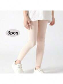 4/3/1pcs Set Girls Plain Color Vertical Striped 7/8 Length Leggings, Elastic Fitted Full Length Tights, All Season Casual Yoga Pants, Cute Sports Style Suitable For Students Daily Wear, Soft & Comfortable, Versatile, Back To School Season - Multicolor - View 25