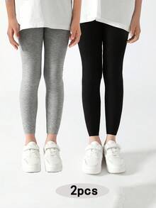 4/3/1pcs Set Girls Plain Color Vertical Striped 7/8 Length Leggings, Elastic Fitted Full Length Tights, All Season Casual Yoga Pants, Cute Sports Style Suitable For Students Daily Wear, Soft & Comfortable, Versatile, Back To School Season - Multicolor - View 44