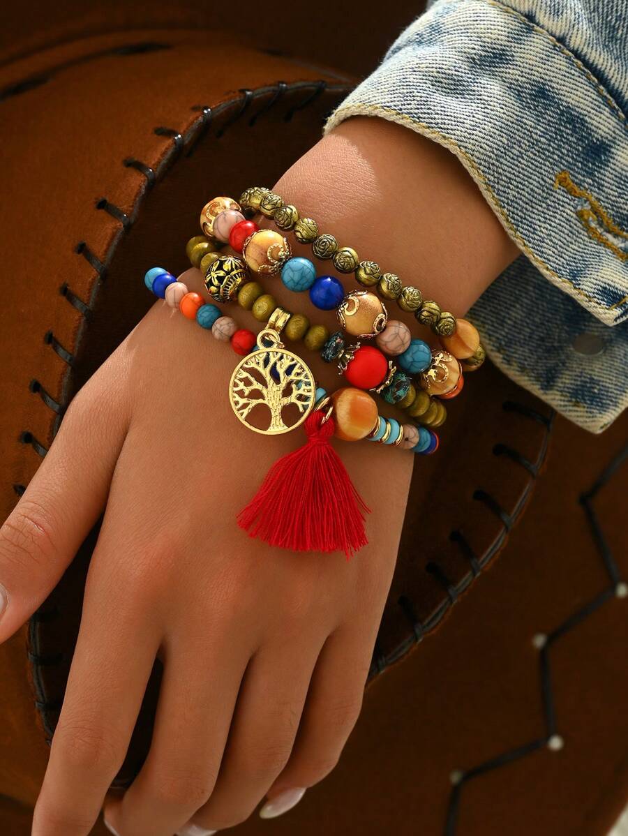 4pcs Set Fashionable & Elegant Acrylic Beaded Bracelets