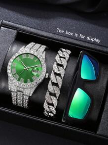 3 pièces Ensemble cadeau montre - Comprend une montre-bracelet élégante en alliage noir pour homme, des lunettes de soleil de moto, un bracelet de cristal de luxe. Convient comme cadeau de fête pour lui
