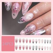 Almond Press On Nails Medium Length Fake Nails Black Goth Acrylic Glue On Nails Glow In The Dark False Nails With Designs Full Cover Glue On Nails Reusable Artificial Nails For Women 24Pcs