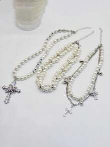 3pcs/Set Fashionable Luxury Exquisite Unique Design Punk Style Cross Pearl Layered Necklace, Versatile For Daily Wear And Parties