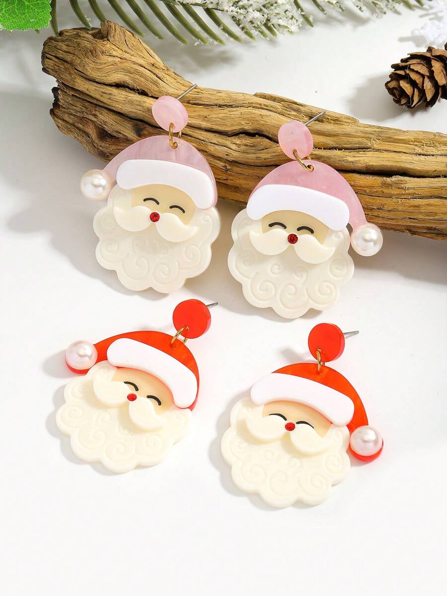 1 Pair Women's Holiday Earrings, Lightweight & Cute Acrylic Santa Claus Dangle Earrings, Suitable For Party, Holiday, Christmas Wear And Gift