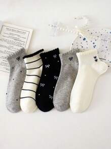 5/10 par krótkich skarpetek z kokardką, z niskim wycięciem, urocze skarpetki w groszki na lato i jesień, miękkie, wygodne, oddychające, modne, codzienne krótkie skarpetki