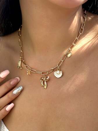 1 st moderiktigt rosett-snäckshalsband med hänge, guldfärgad metall med flera hängen, nyckelbenskedja för kvinnor, lämplig för vardagsbruk och resor