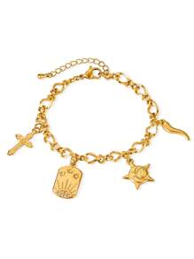 1 pieza de pulsera con dije de cruz y pentagrama de moda personalizado de varios elementos, pulsera con dije cuadrado pequeño de pimienta dorada, joyería para mujeres