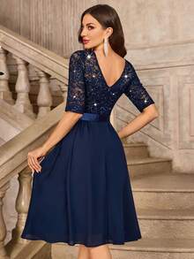 MIUSOL 亮片花卉蕾丝圆领不对称褶边雪纺半袖舞会派对摆裙