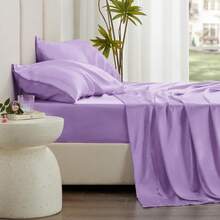 4Piece California King Satin Bed Linen Set, Lavender Silky Satin Sheets, Deep Pocket, Luxury Silk Feel, 1 Flat, 1 Fitted Sheet, 2 Pillow Cases - 霧霾藍 - 查看 2